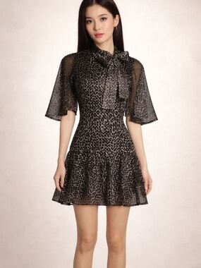 Black Halo Leopard Mesh Tie-Neck Mini Dress Party US 2
